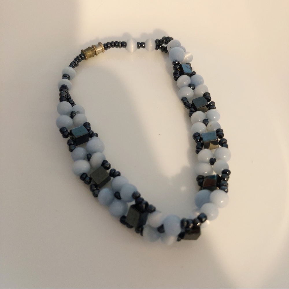 Boho Blue Seed Beaded Flower Bracelet